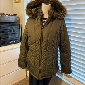 Women's Olive Quilted Jacket with Faux Fur Hood